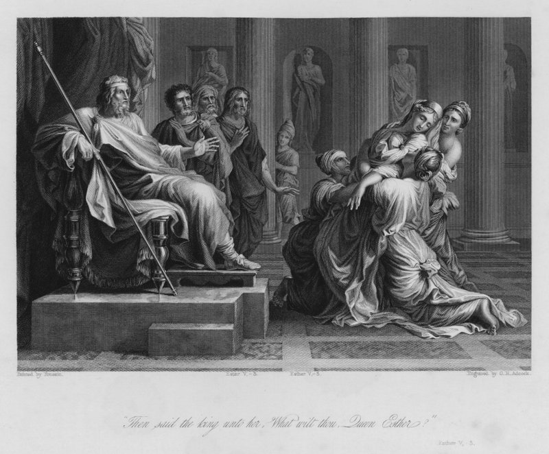 Esther før Ahasverus, Esther V, 3 (gravering) av Nicolas (after) Poussin