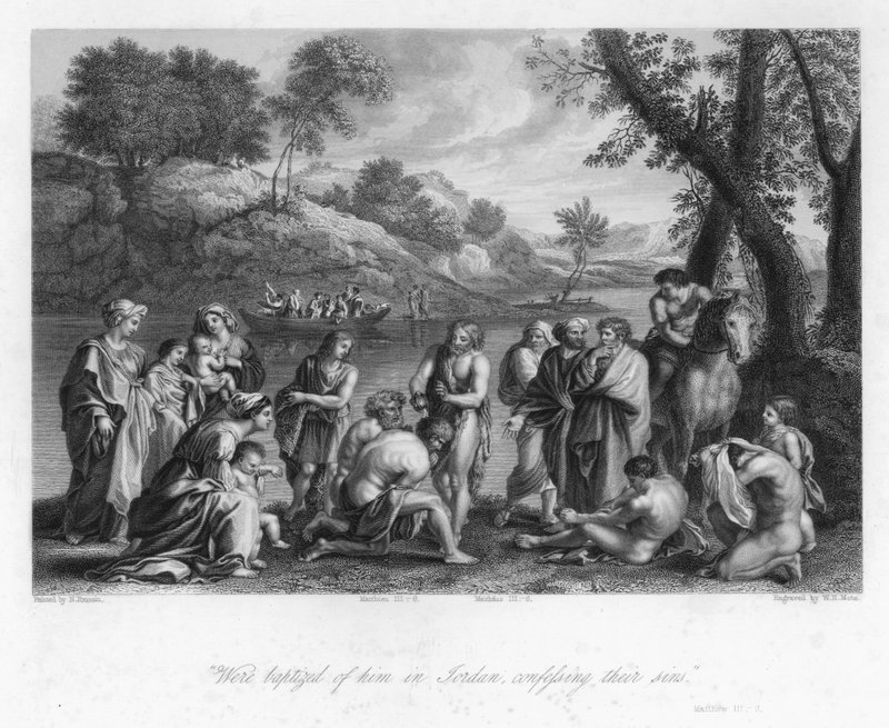 Kontoret til døperen Johannes, Matteus III, 6 (gravering) av Nicolas (after) Poussin