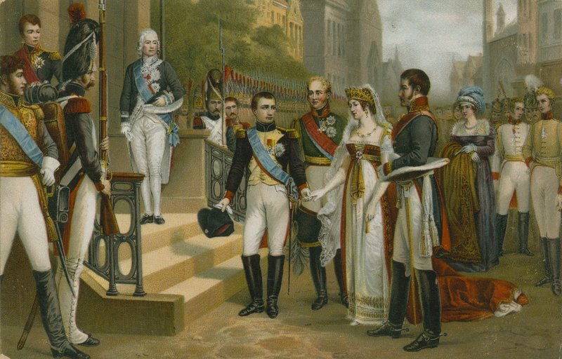 Napoleon mottok dronning Louise av Preussen i Tilsit, 6. juli 1807 av Nicolas Louis Francois Gosse