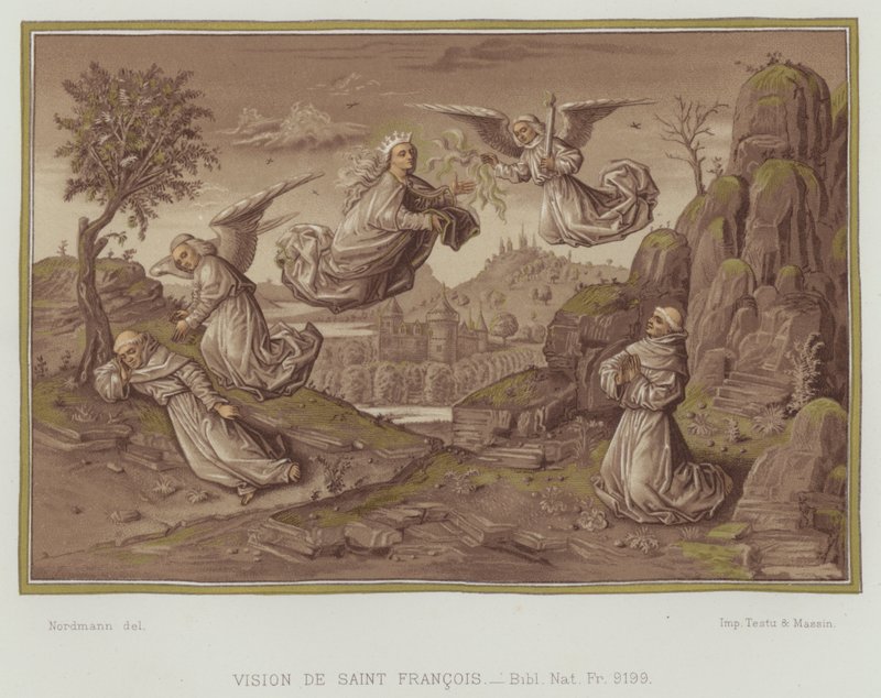 Visjon av den hellige Frans av Assisi (farge litho) av Nordmann (after)