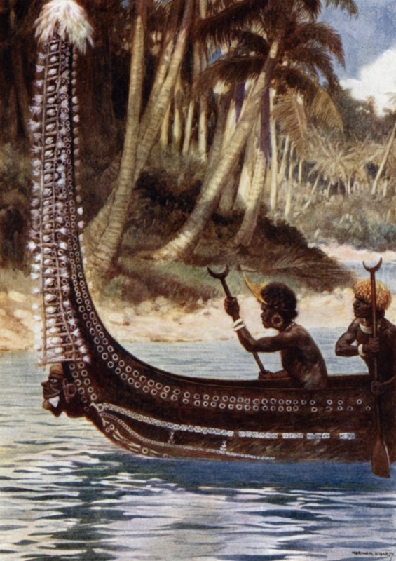 En kano som viser "Totoishu," New Georgia, Salomonøyene (farge litho) av Norman Hardy