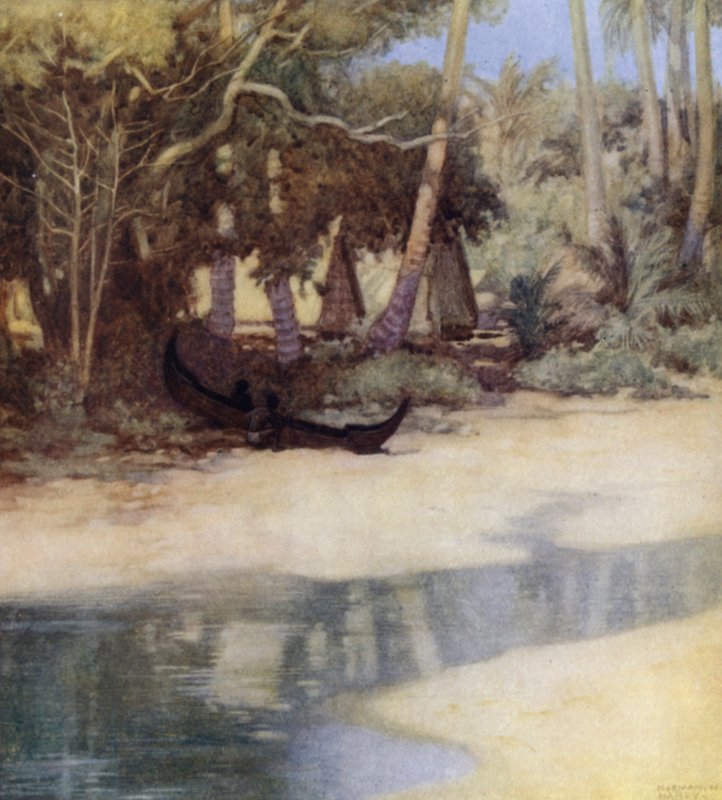 En lagune i New Florida, Salomonøyene (farge litho) av Norman Hardy