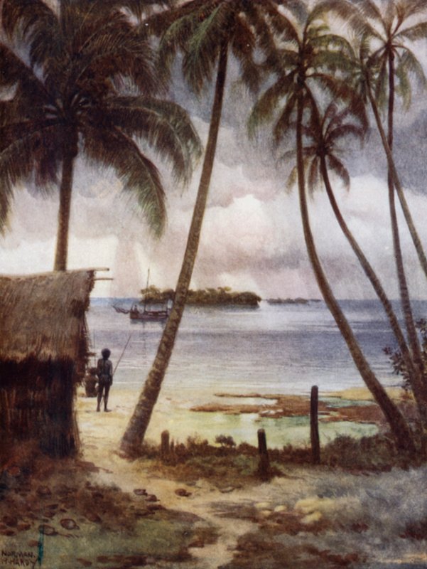 En stormfull dag i Rubiana Lagoon, Salomonøyene (farge litho) av Norman Hardy