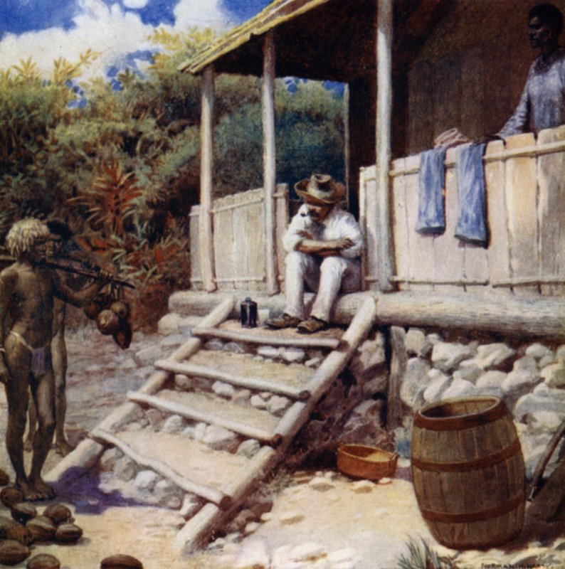 En handelsmann som mottar kakao-nøtter, Aoba, New Hebrides (farge litho) av Norman Hardy
