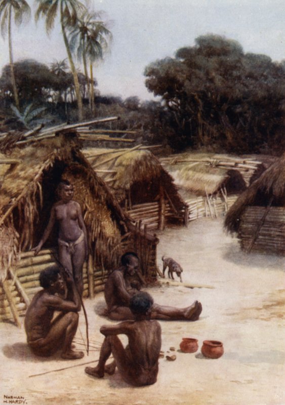 En landsby i Santo, New Hebrides (farge litho) av Norman Hardy