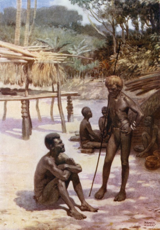 Et Yam-skur på øya Tierra Espiritu Santo, New Hebrides (farge litho) av Norman Hardy