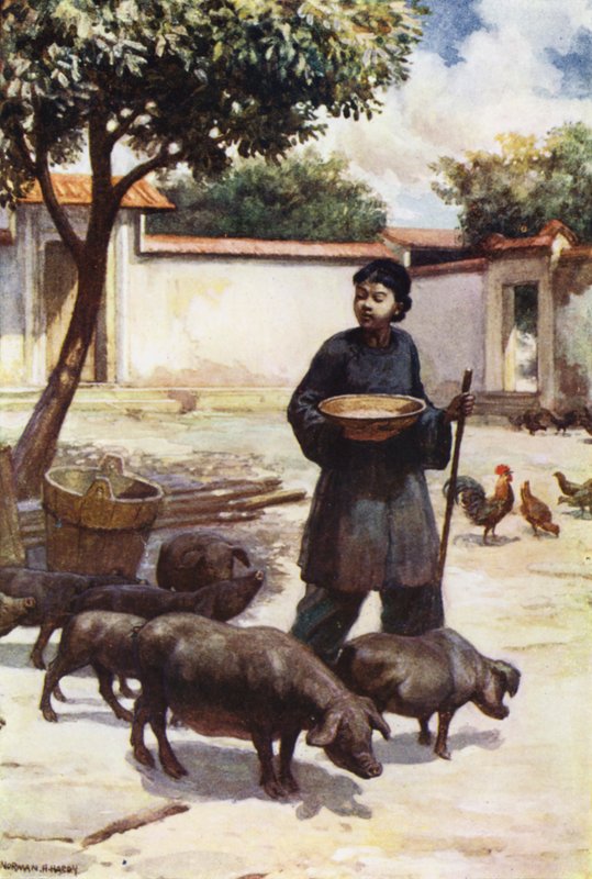 Kina: En gårdsplass (farge litho) av Norman Hardy