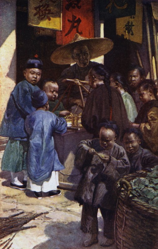 Kina: Gutter rundt en søt stall (farge litho) av Norman Hardy