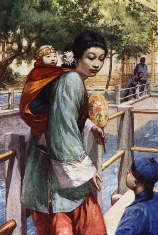 Kina: Jente og baby (farge litho) av Norman Hardy
