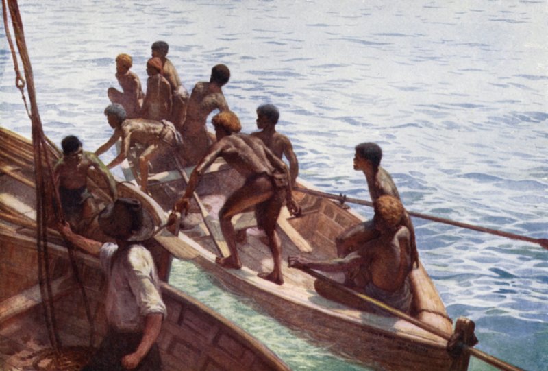 Copra Boys off to the Shore, New Hebrides (farge litho) av Norman Hardy