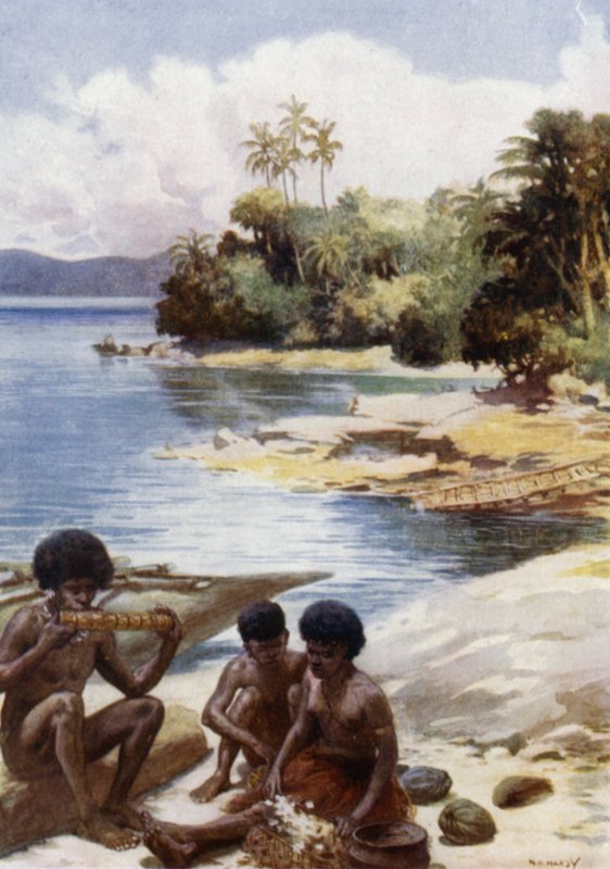 Middagstid på Kwato, Britisk Ny-Guinea (farge litho) av Norman Hardy