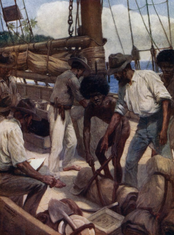 Gullgruvearbeidere forlater et handelsskip, Britisk Ny-Guinea (farge litho) av Norman Hardy