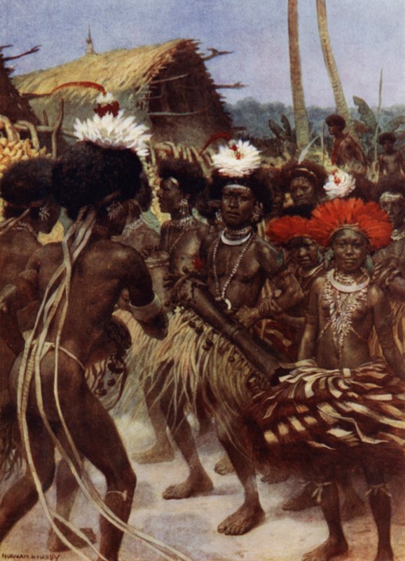 Harvest Dance, New Guinea (farge litho) av Norman Hardy