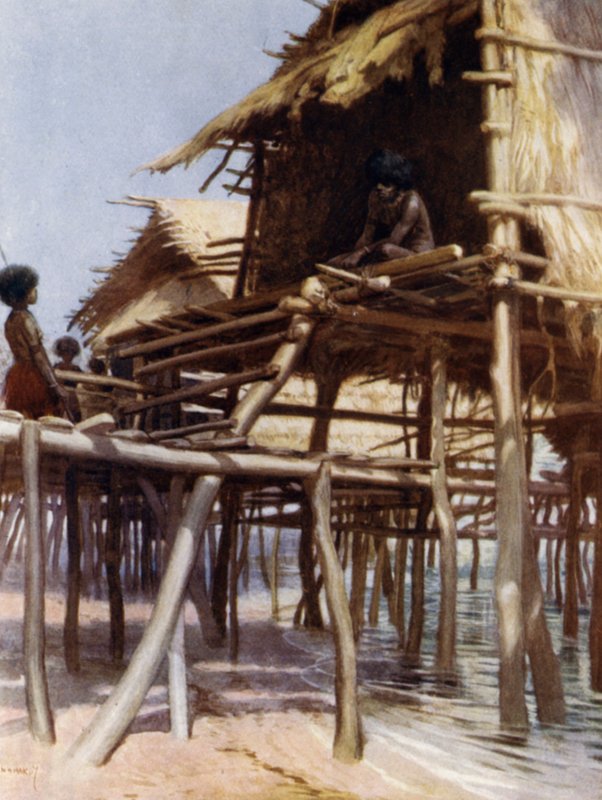 I Pile Dwellings på Hanuabada, Port Moresby, Britisk Ny-Guinea (farge litho) av Norman Hardy