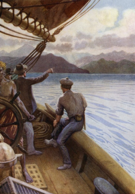 Forlater Santo, utsikt over fjellene, Nye Hebridene (farge litho) av Norman Hardy