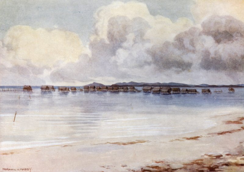 Marine Village, Tupusuli, Britisk Ny-Guinea (farge litho) av Norman Hardy