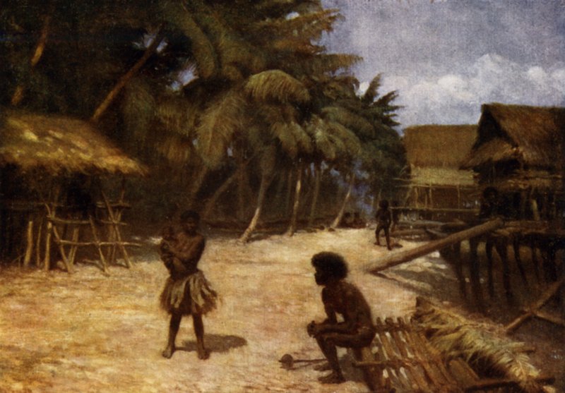 Motu Village, Port Moresby, Britisk Ny-Guinea (litho-farge) av Norman Hardy
