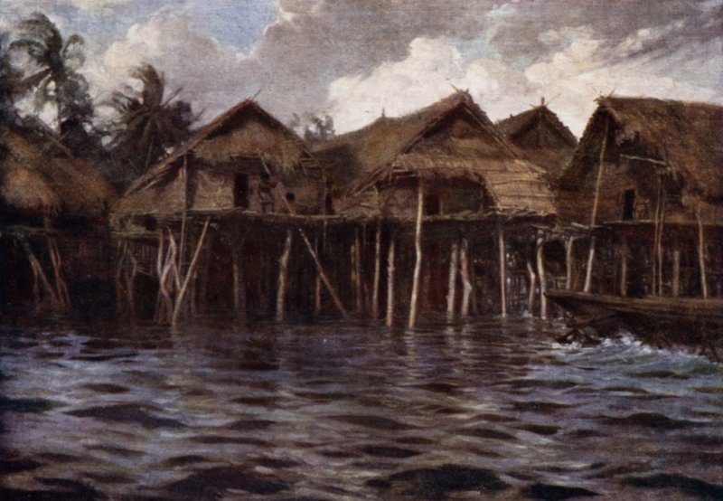 Motu Village from the Sea (farge litho) av Norman Hardy