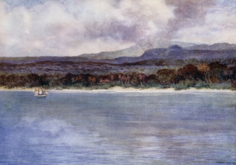 Mount Marion, den aktive vulkanen, Island of Ambryn, New Hebrides (farge litho) av Norman Hardy