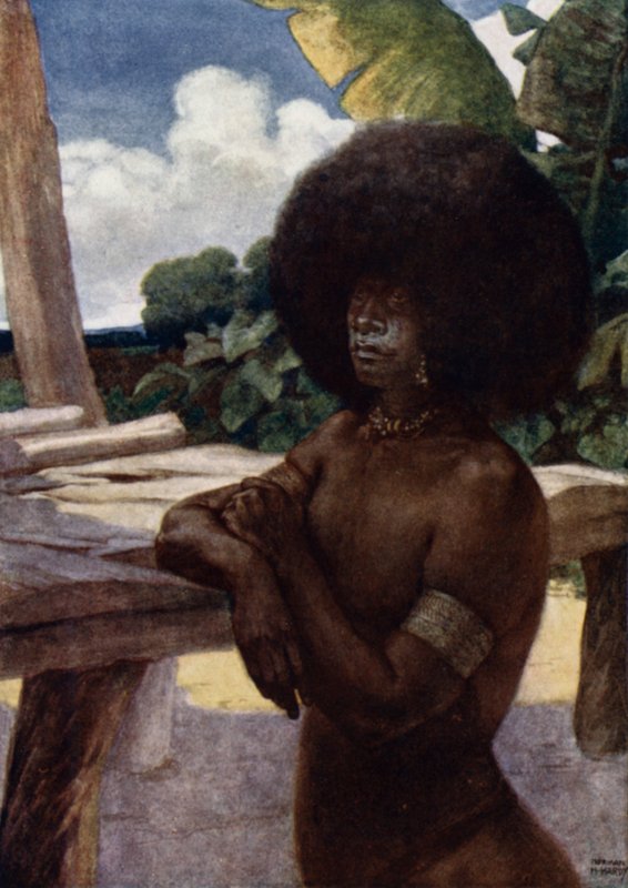 Innfødt fra Britisk New Guinea, viser måten å bære håret på (farge litho) av Norman Hardy