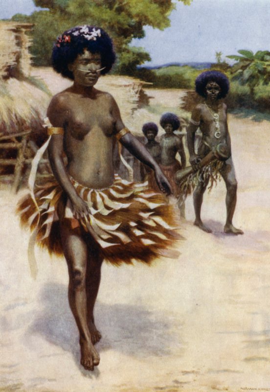 Avsted til Dubu-dansen, Britisk Ny-Guinea (farge litho) av Norman Hardy