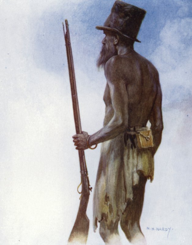 Gammel kannibalhøvding som kunstneren møtte på øya Aoba, New Hebrides (farge litho) av Norman Hardy