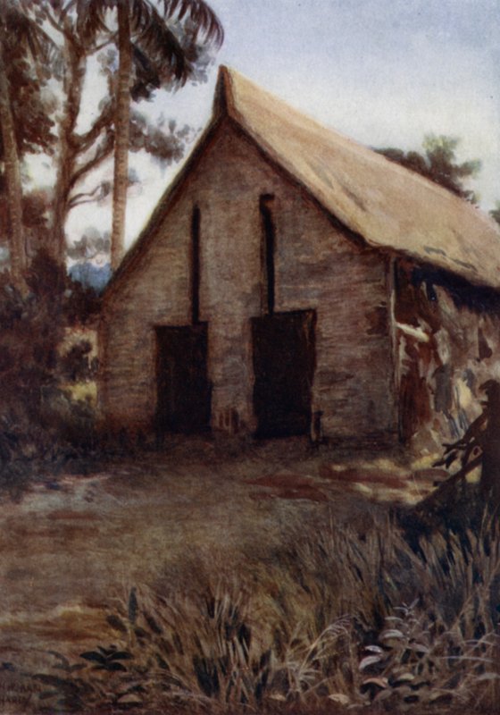 Old Ingova's War Canoe House, Rubiana Lagoon, New Georgia, Salomonøyene (farge litho) av Norman Hardy