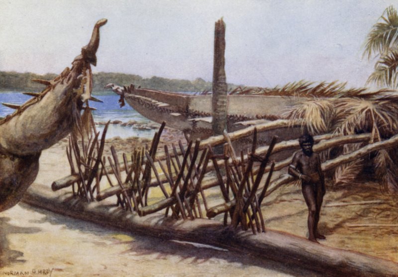 Gamle krigskanoer, nær Malekula, New Hebrides (farge litho) av Norman Hardy