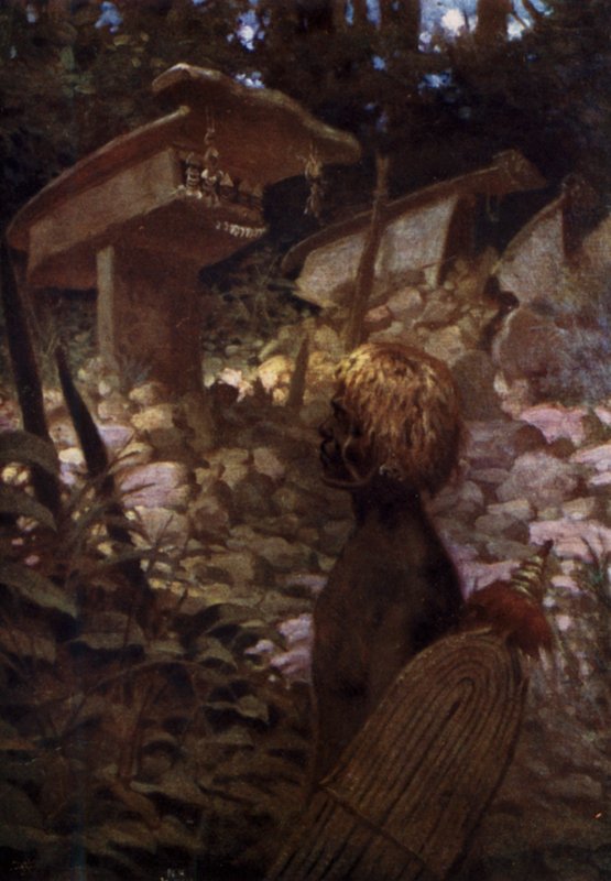 Sacred Skull Shrines, British Salomon Islands (farge litho) av Norman Hardy