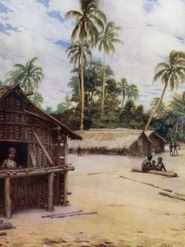 Solomon Island Village, nær Marau Sound, New Florida (farge litho) av Norman Hardy