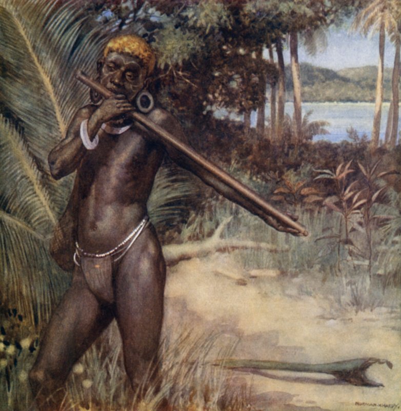 Solomon Islander spiller "Ivivu" eller fløyte (farge litho) av Norman Hardy