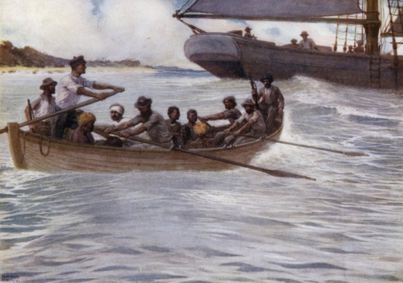 "Blackbirders" på Salomonøyene (farge litho) av Norman Hardy