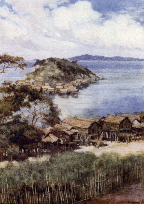 Øya Elevera fra Mission Station, Port Moresby, Britisk Ny-Guinea (farge litho) av Norman Hardy