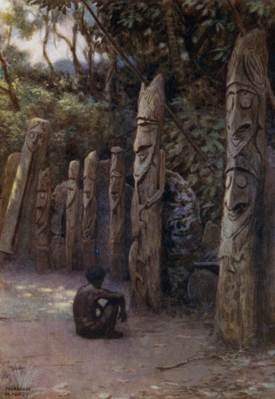 Steinen "Demits", eller sjelene, med tilhørende trefigurer, Malekula Island, New Hebrides (farge litho) av Norman Hardy