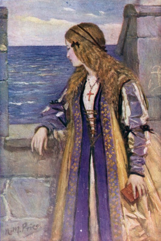 Clare på brystvernet til Tantallon (farge litho) av Norman Mills (after) Price
