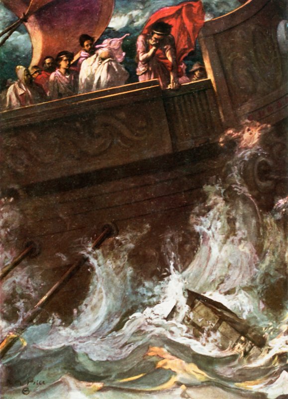 Dronningen kastet over bord. Pericles, Prince of Tyre – Act III, Scene 1, ca. 1925 (litho-farge) av Norman Mills Price