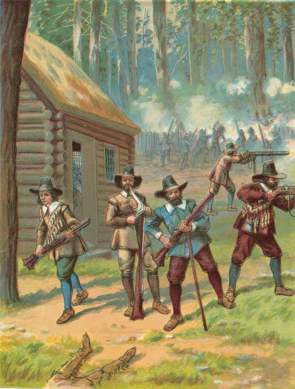 Pilegrimene som kjemper mot indianerne av North American
