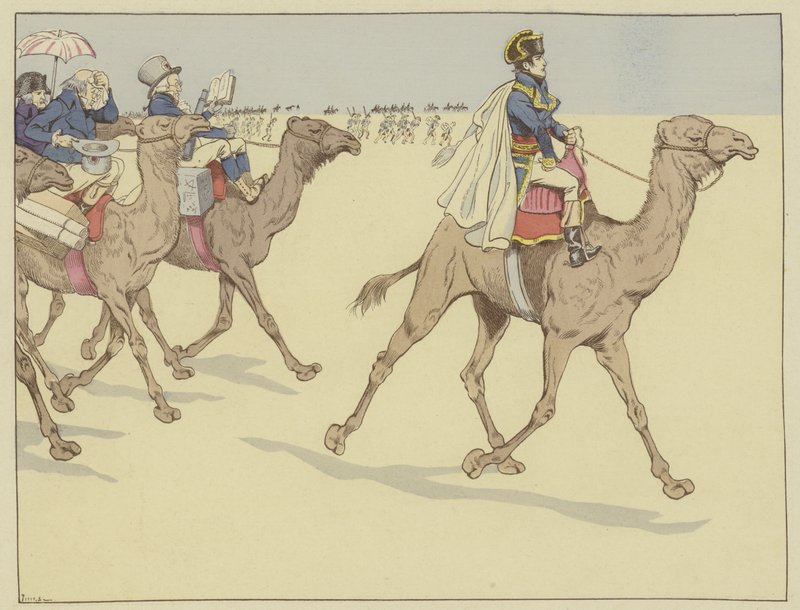 Ankom til faraoenes land dro Napoleon overalt etterfulgt av en kommisjon av lærde og kunstnere som aldri hadde ridd på ryggen til en kamel, 1. juli 1798 av Onfray de Breville Job