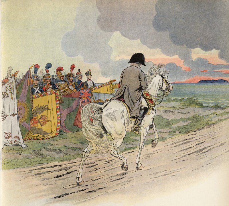 Imaginært bilde av Napoleon på hesteryggen, som mottar respekt fra Europas soldater av Onfray de Breville Job