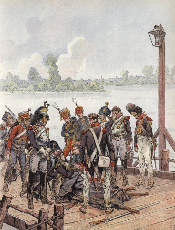 Jean Lannes, etter å ha blitt dødelig såret i slaget ved Aspern-Essling, med Napoleon, 1809 av Onfray de Breville Job