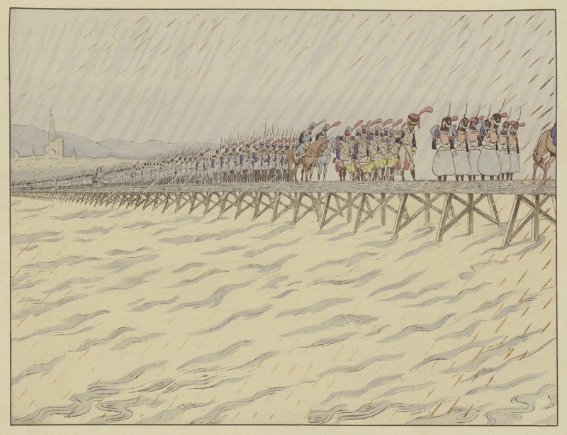 Napoleon og hans hær krysser Rhinen ved Kehl, 1. oktober 1805 av Onfray de Breville Job