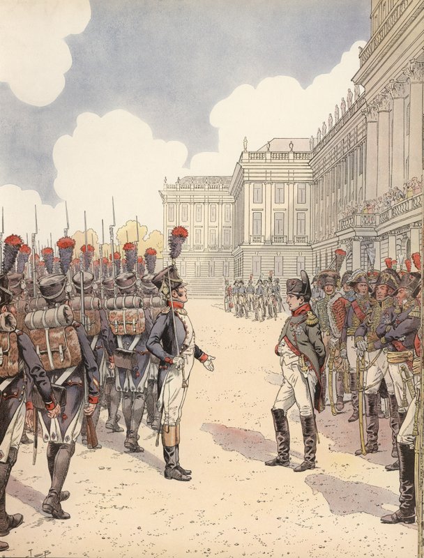 Napoleon blir oppsøkt av en nervøs løytnant under en parade ved Schoenbrunn av Onfray de Breville Job