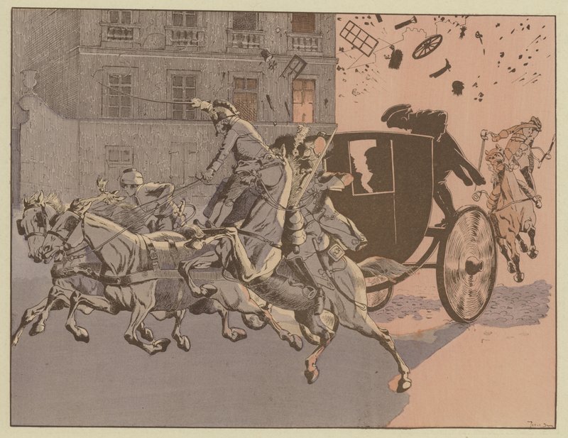 Napoleon har en mirakuløs flukt fra eksplosjonen av en bombe, maskininfernalen, på Rue Saint-Nicaise, Paris, 24. desember 1800 av Onfray de Breville Job