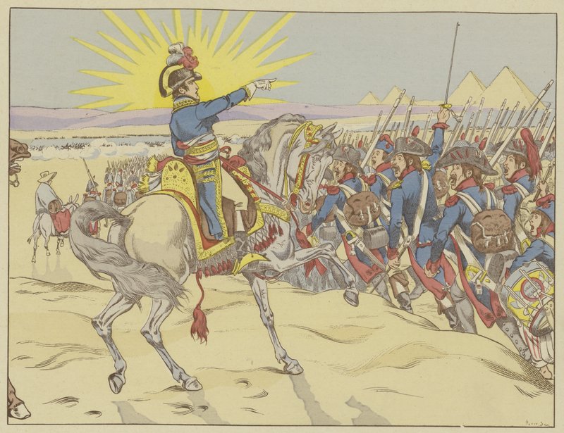 Napoleon inspirerte troppene sine i slaget ved pyramidene, Egypt, 21. juli 1798 av Onfray de Breville Job