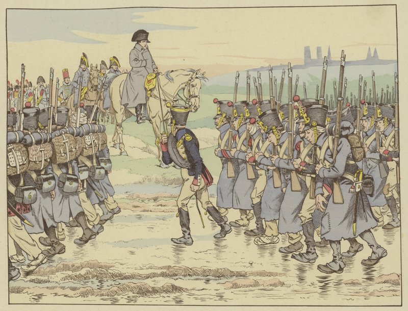 Napoleon ser på som den siste kontingenten av hæren i det franske felttoget marsjerer forbi nær Reims, 16. mars 1814 av Onfray de Breville Job