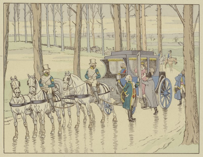 Napoleon møter erkehertuginne Marie-Louise av Østerrike, som han må gifte seg med, 27. mars 1810 av Onfray de Breville Job