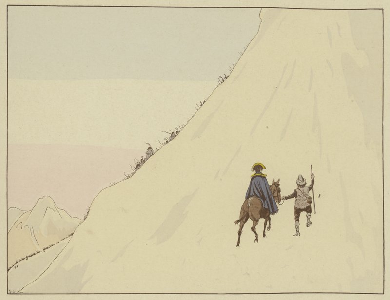 Napoleon passerte Mont St Bernard ridende på et muldyr, guidet av en ung mann som han belønnet sjenerøst, 16. mai 1800 av Onfray de Breville Job