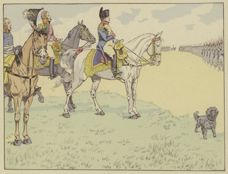 Napoleon gjennomgår den franske hæren etter å ha signert Tilsit-traktatene, 7. juli 1807 av Onfray de Breville Job