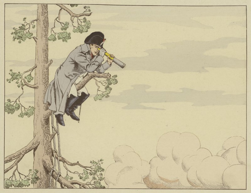 Napoleon ser på slaget ved Aspern-Essling fra toppen av et tre på øya Lobau, 22. mai 1809 av Onfray de Breville Job