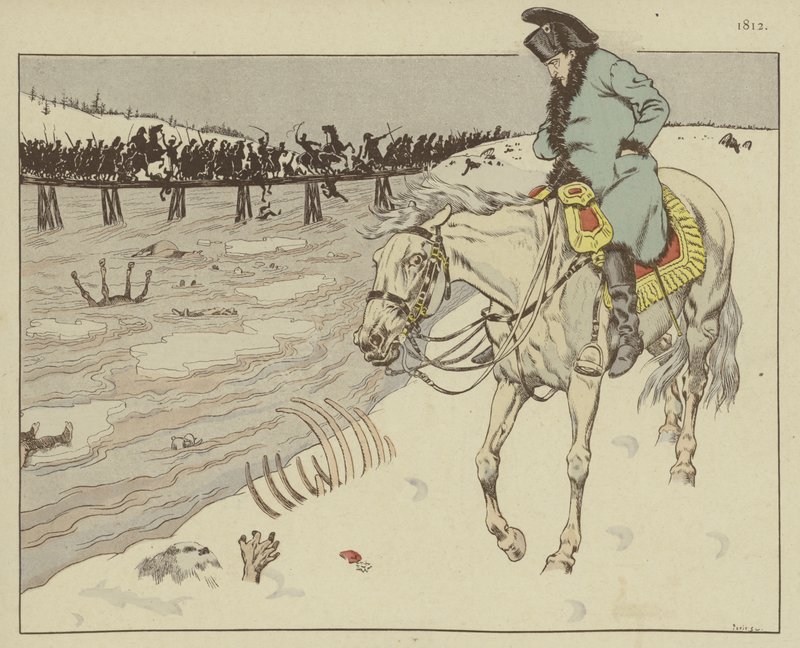 Napoleon ser på restene av hans Grand Armee som krysser elven Berezina på retrett fra Moskva, 1812 av Onfray de Breville Job
